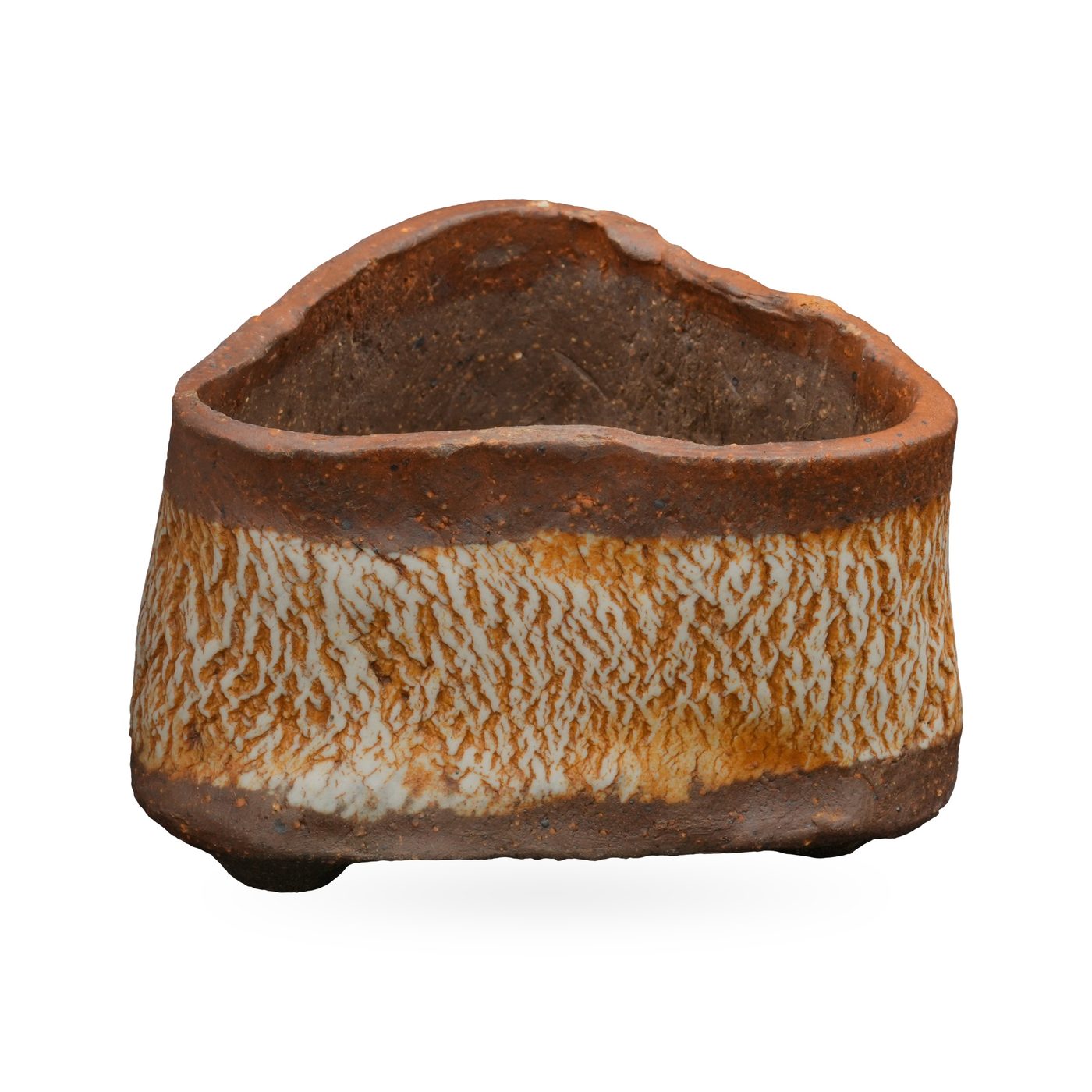 Brown triangular footed pot with a crackled white and rust-orange textured band