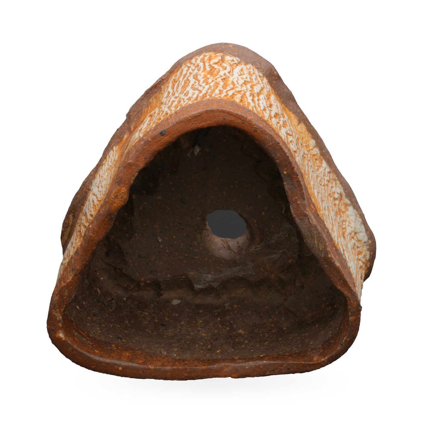 Brown triangular footed pot with a crackled white and rust-orange textured band – view 2