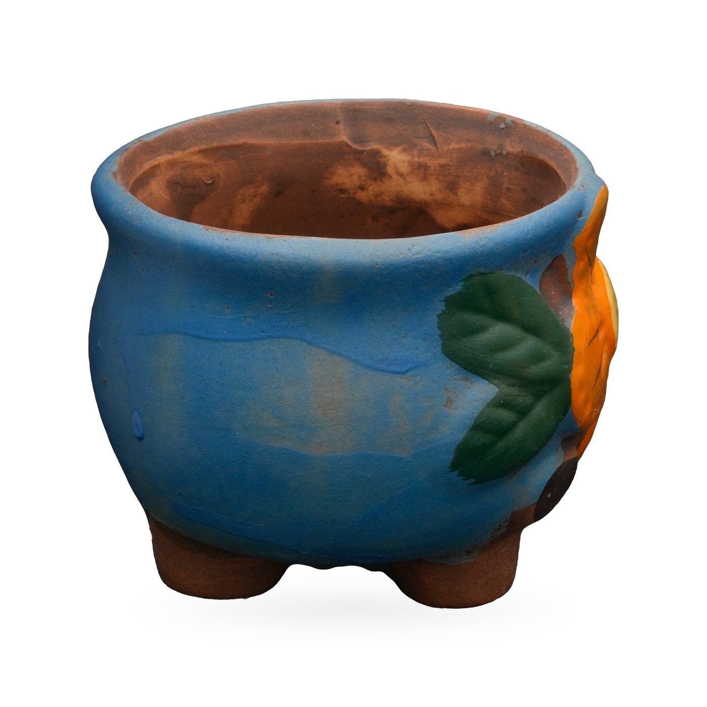 Blue painted terracotta footed pot with a raised orange flower and green leaves – view 2