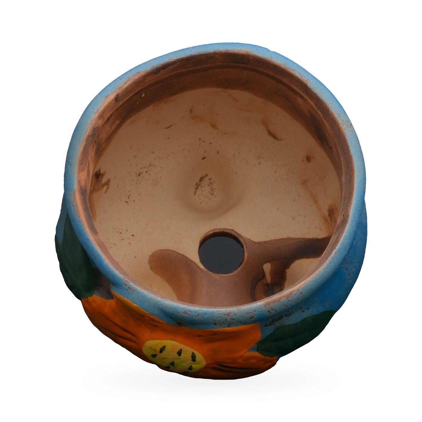 Blue painted terracotta footed pot with a raised orange flower and green leaves – view 3