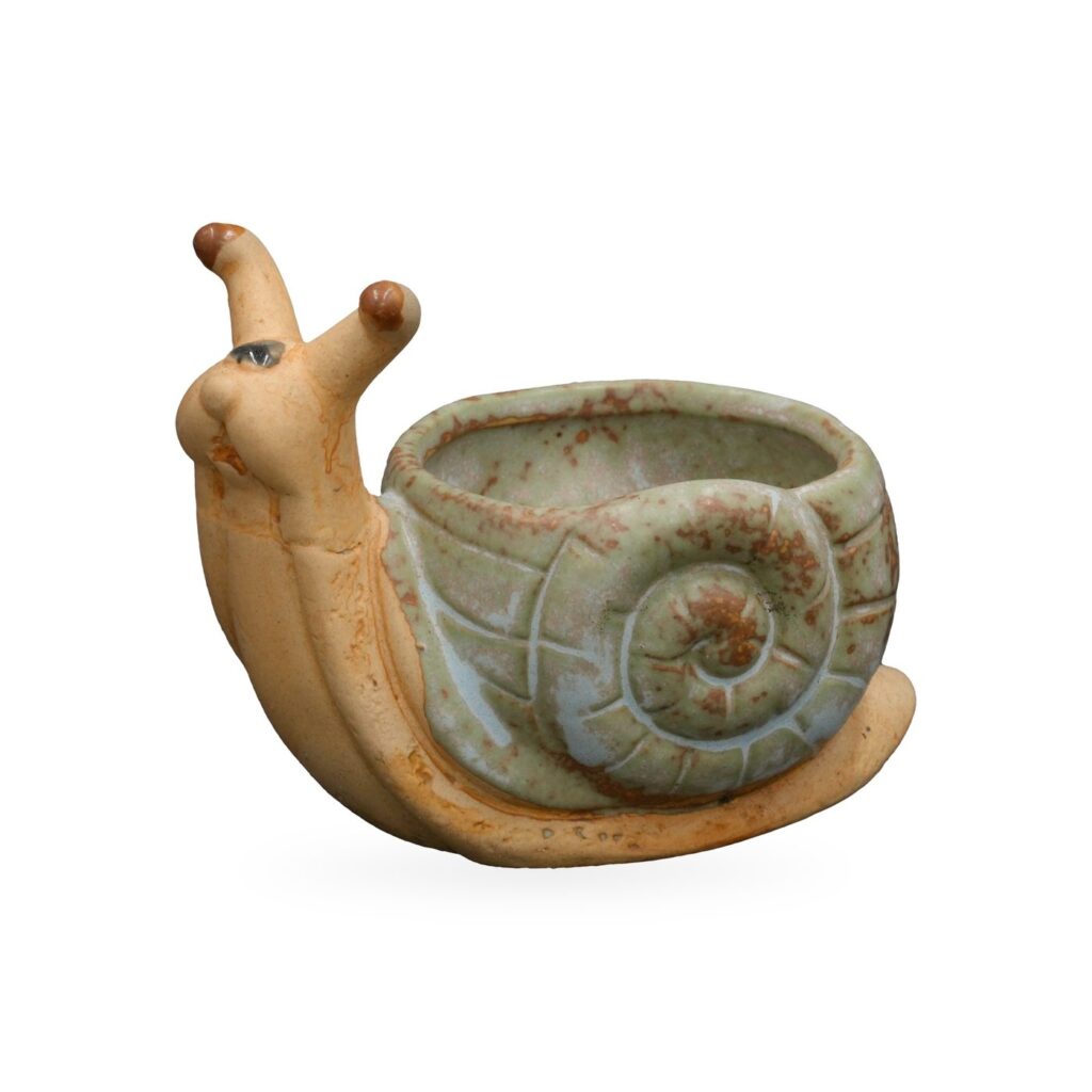 Snail-shaped planter with a speckled sage-green shell pot and tan body