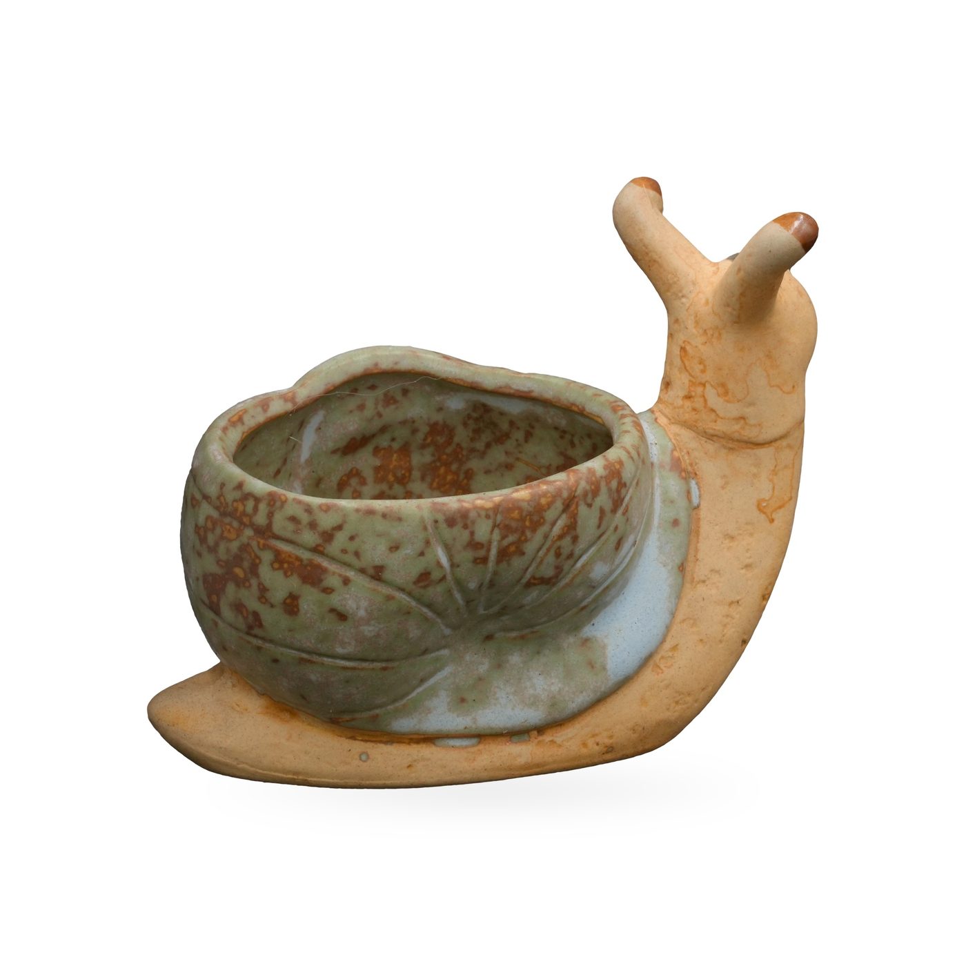 Snail-shaped planter with a speckled sage-green shell pot and tan body – view 2