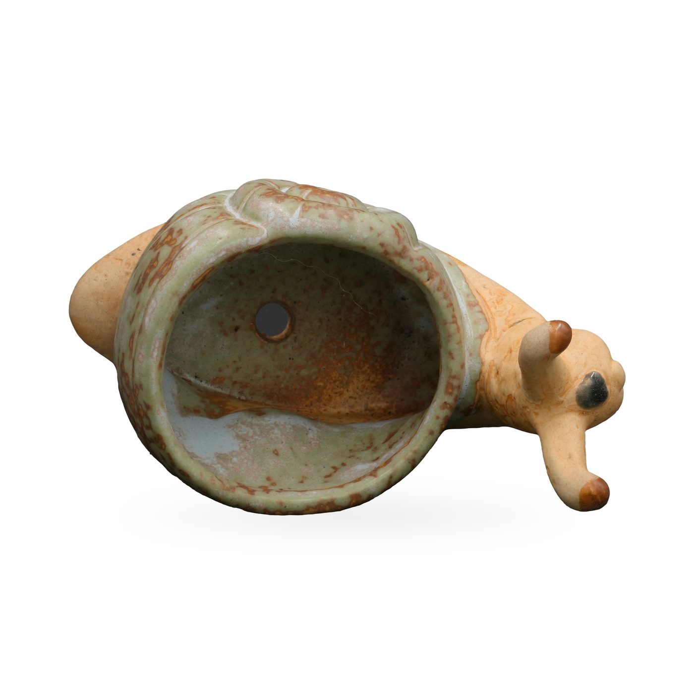 Snail-shaped planter with a speckled sage-green shell pot and tan body – view 3