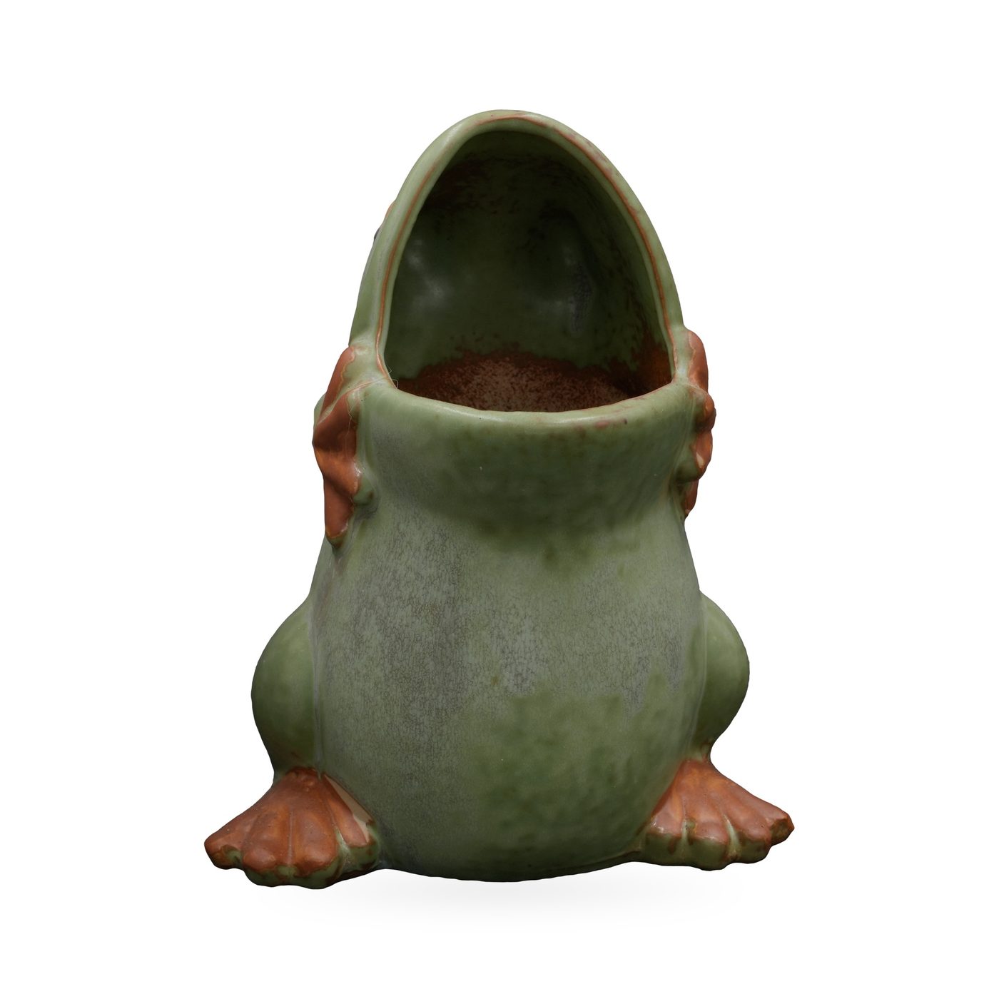 Large sage-green sitting frog planter with an open mouth and terracotta-orange feet
