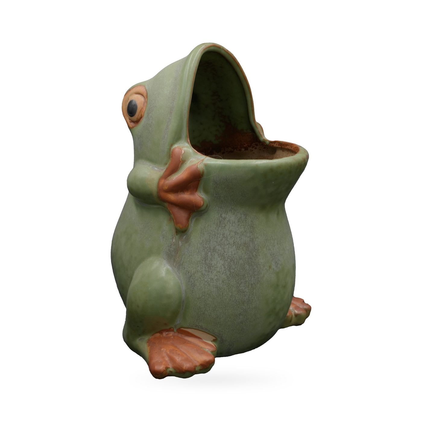 Large sage-green sitting frog planter with an open mouth and terracotta-orange feet – view 2