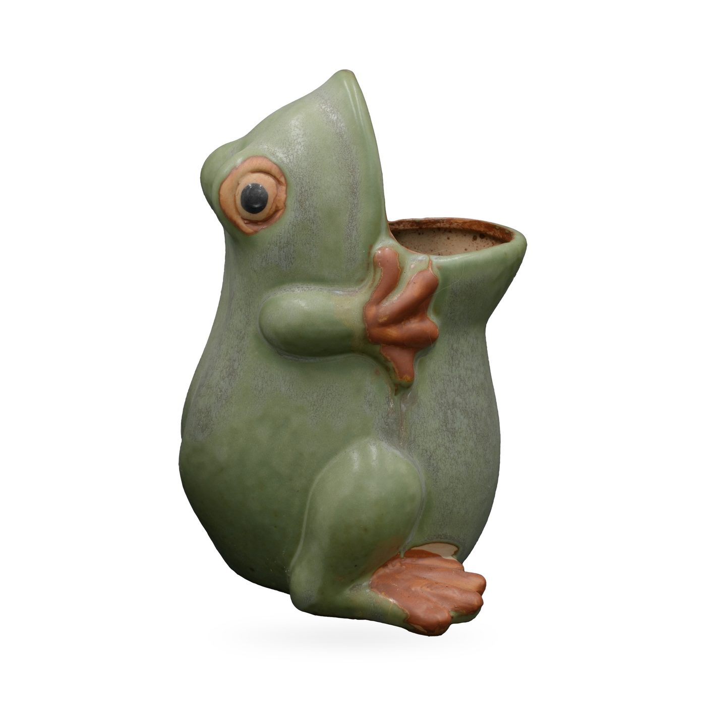 Large sage-green sitting frog planter with an open mouth and terracotta-orange feet – view 3