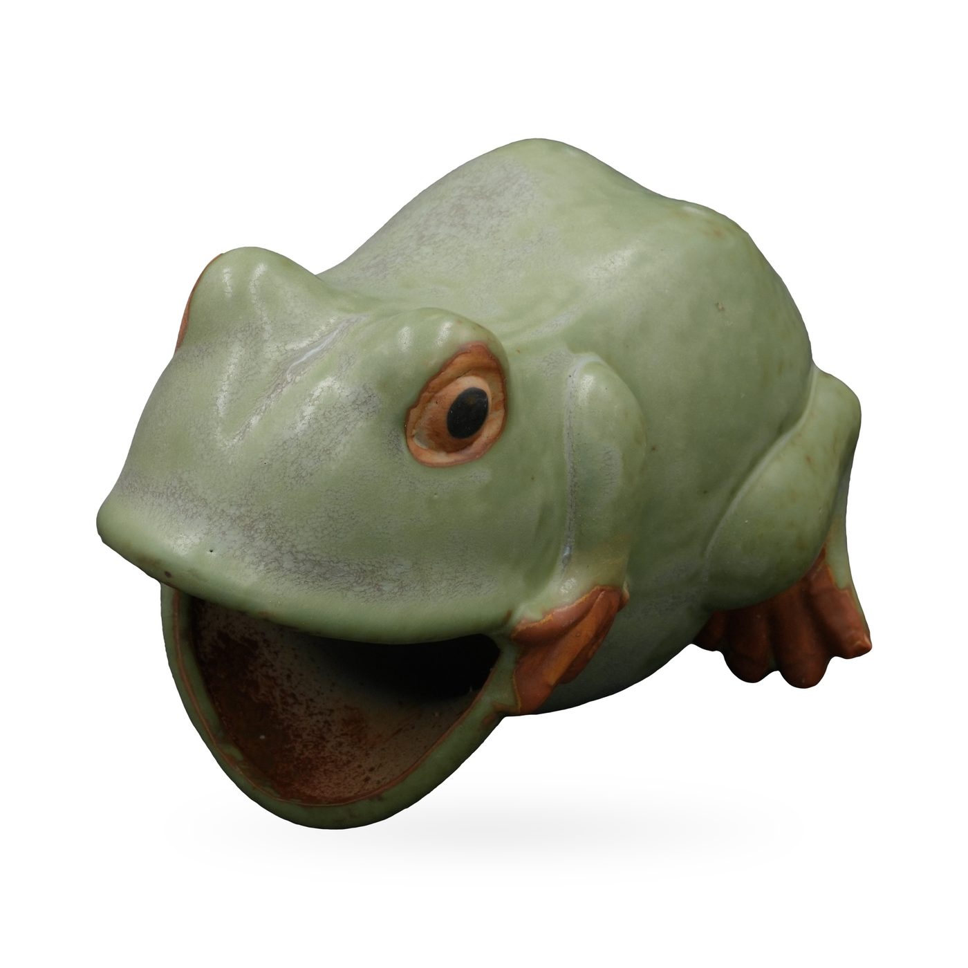 Large sage-green lying frog planter with a wide-open mouth and orange-rimmed eyes