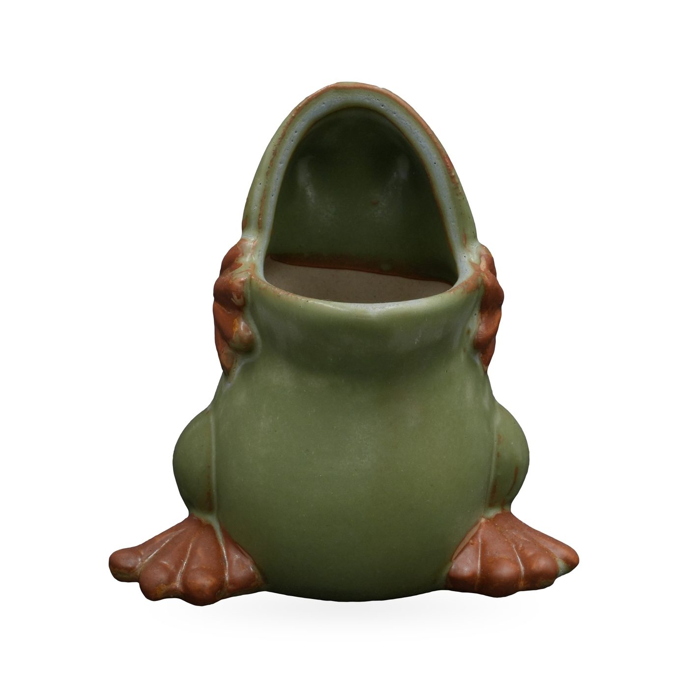Small sage-green sitting frog planter with an open mouth and terracotta-orange feet