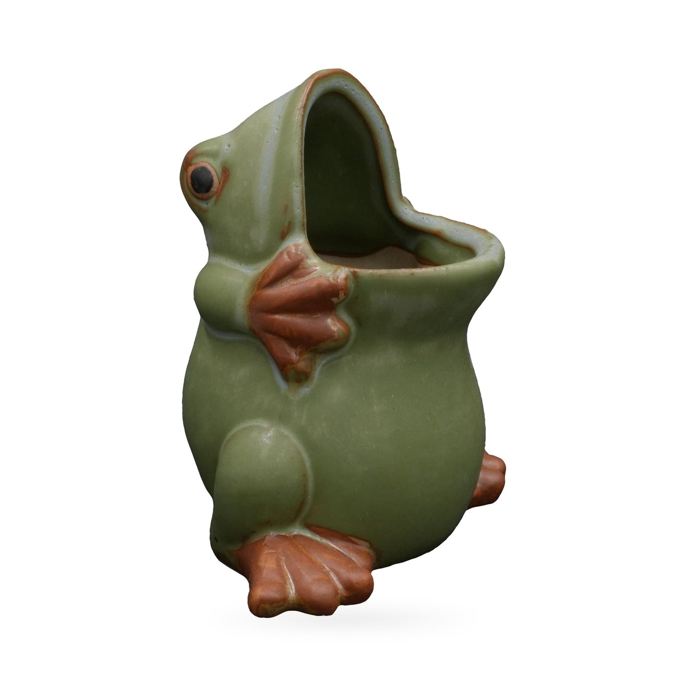 Small sage-green sitting frog planter with an open mouth and terracotta-orange feet – view 2