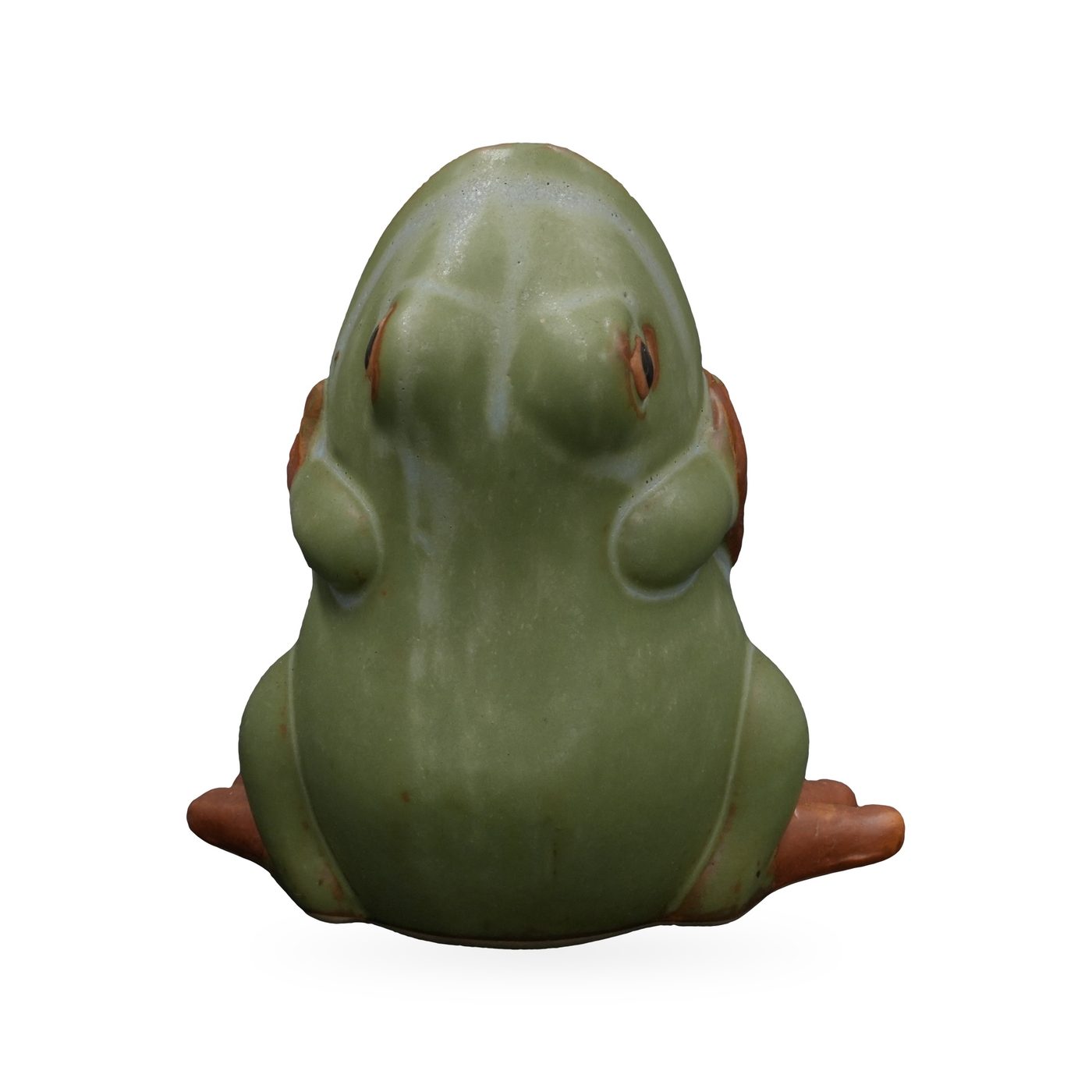 Small sage-green sitting frog planter with an open mouth and terracotta-orange feet – view 3