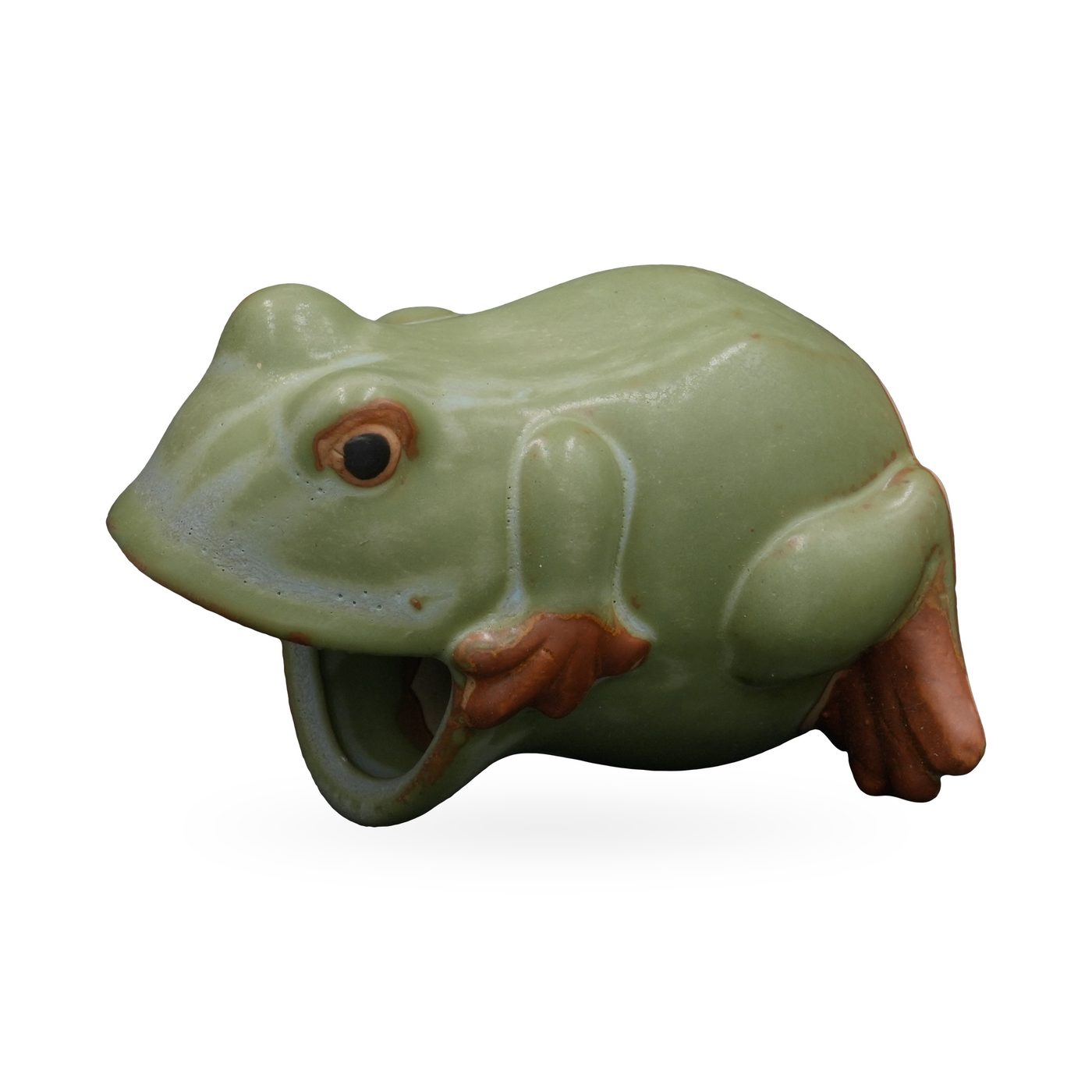 Small sage-green lying frog planter with an open mouth, orange-rimmed eyes and terracotta feet
