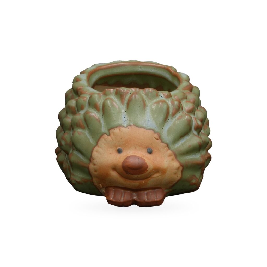 Hedgehog planter with textured sage-green spines and a smiling tan face