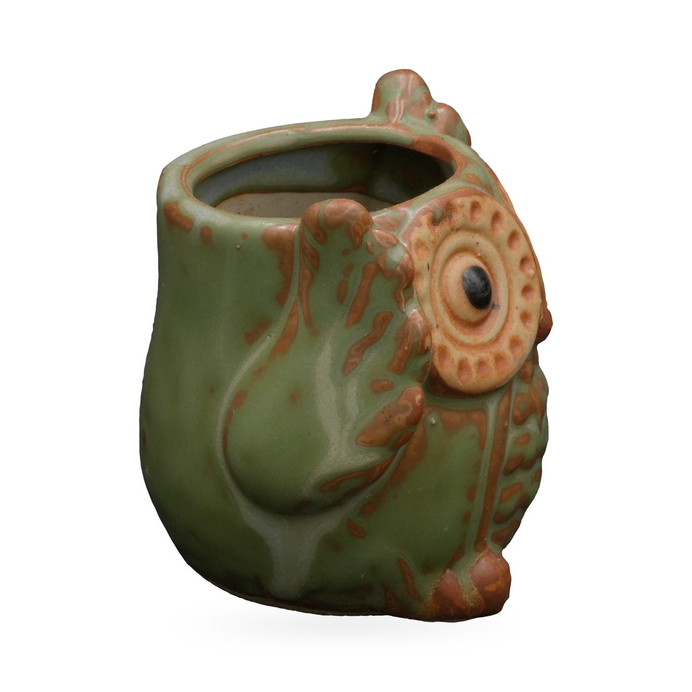 Olive-green owl planter with rust-brown feather detail and large tan eye discs – view 2