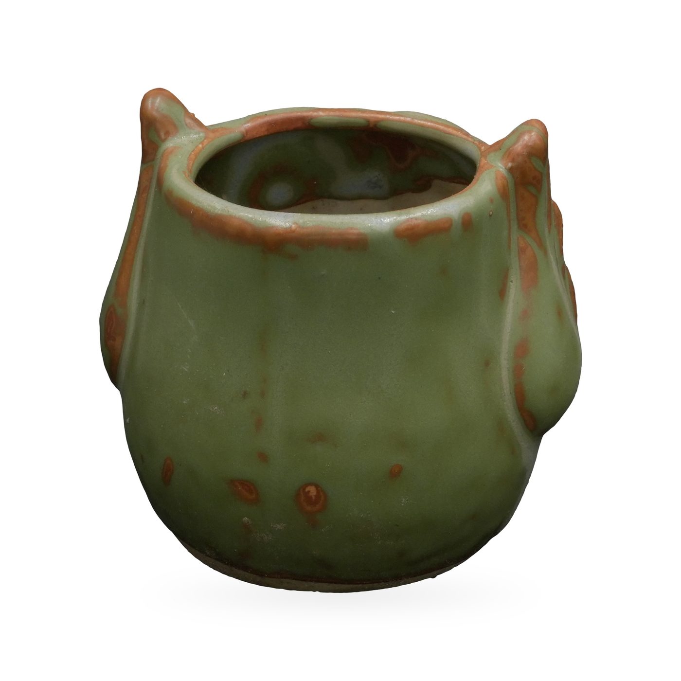 Olive-green owl planter with rust-brown feather detail and large tan eye discs – view 4