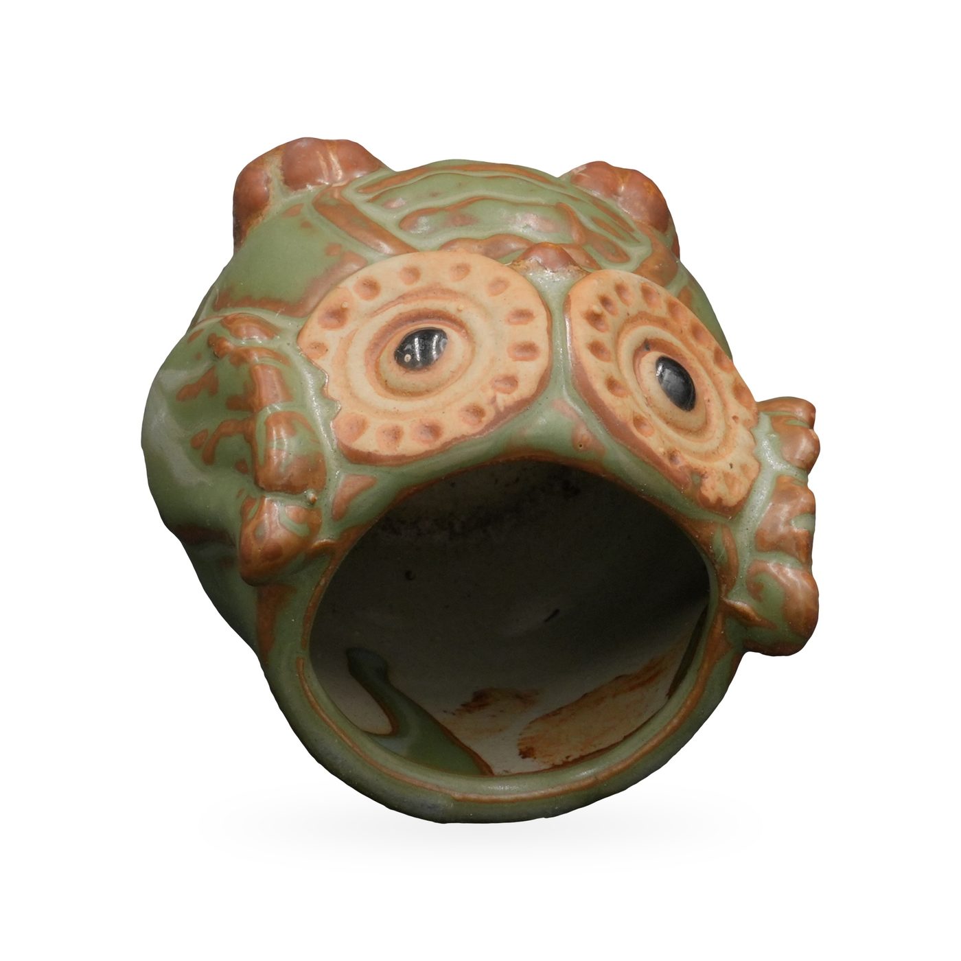 Olive-green owl planter with rust-brown feather detail and large tan eye discs – view 3
