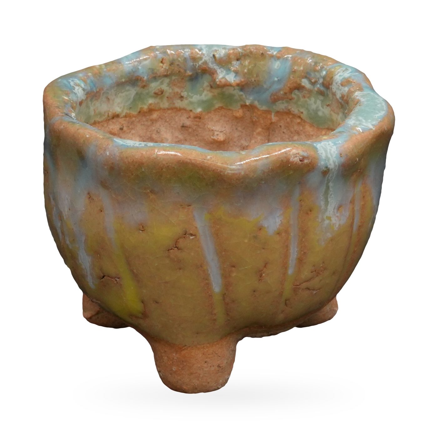 Mini ribbed mustard-tan pot with glossy pale-blue drip glaze and small terracotta clay feet – view 2