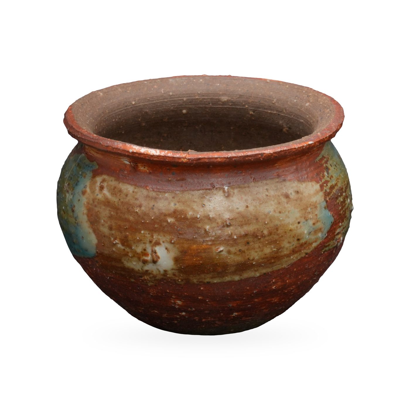 Round rust-red glazed pot with flared rim and a cream, teal and sage-green glaze band