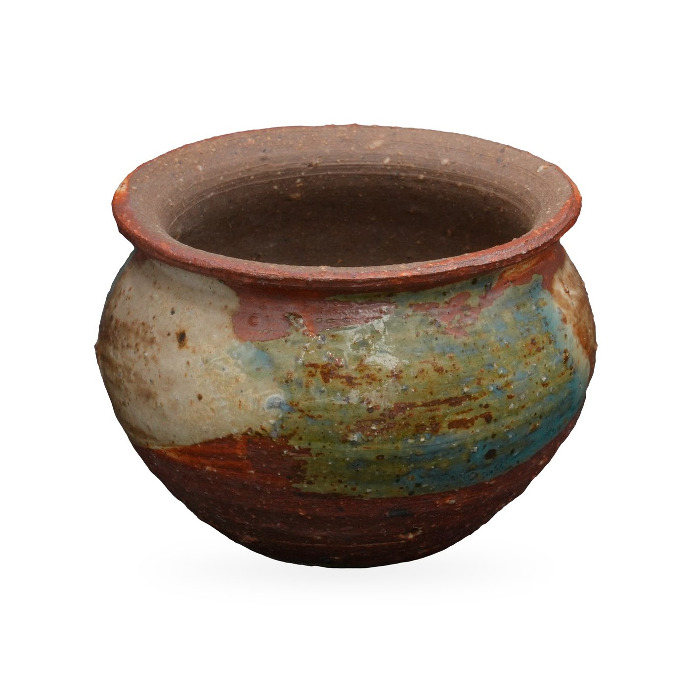 Round rust-red glazed pot with flared rim and a cream, teal and sage-green glaze band – view 2