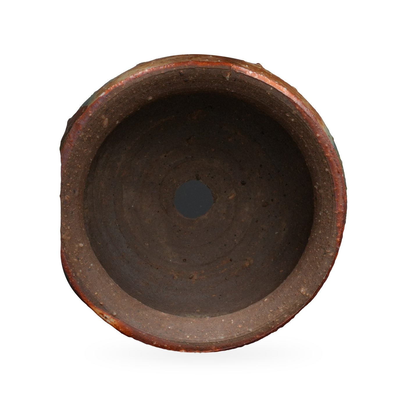 Round rust-red glazed pot with flared rim and a cream, teal and sage-green glaze band – view 3