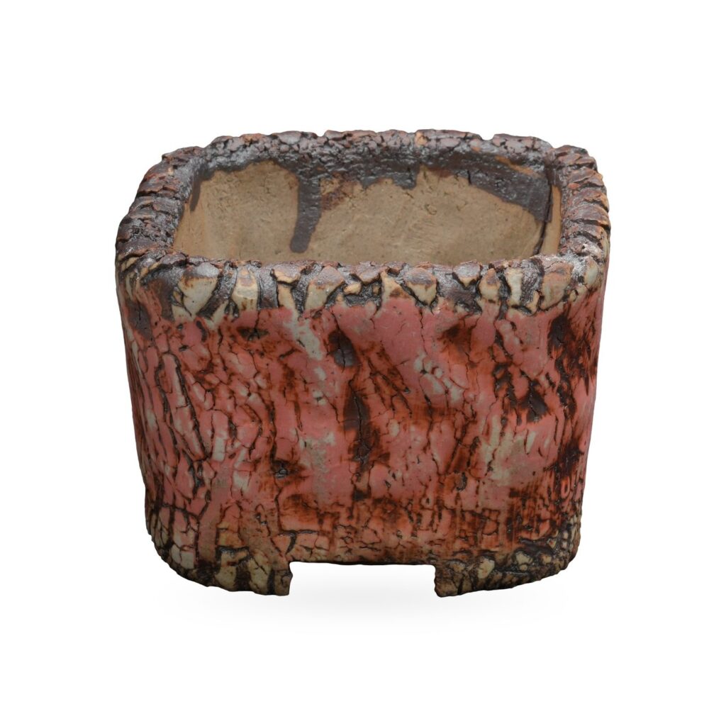 Square coral-pink bark-texture pot with dark brown crackle, rugged rim and cut-out corner feet