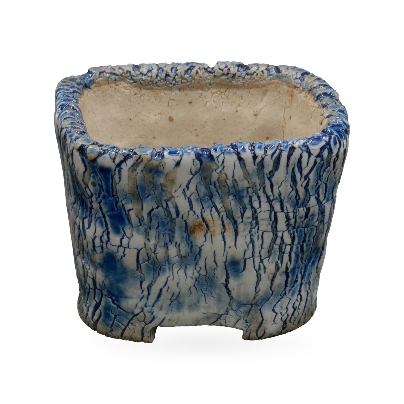Square blue and white crackle-glaze bark-texture pot with rugged rim and cut-out corner feet