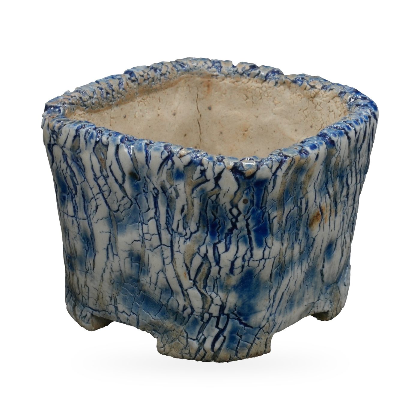 Square blue and white crackle-glaze bark-texture pot with rugged rim and cut-out corner feet – view 2