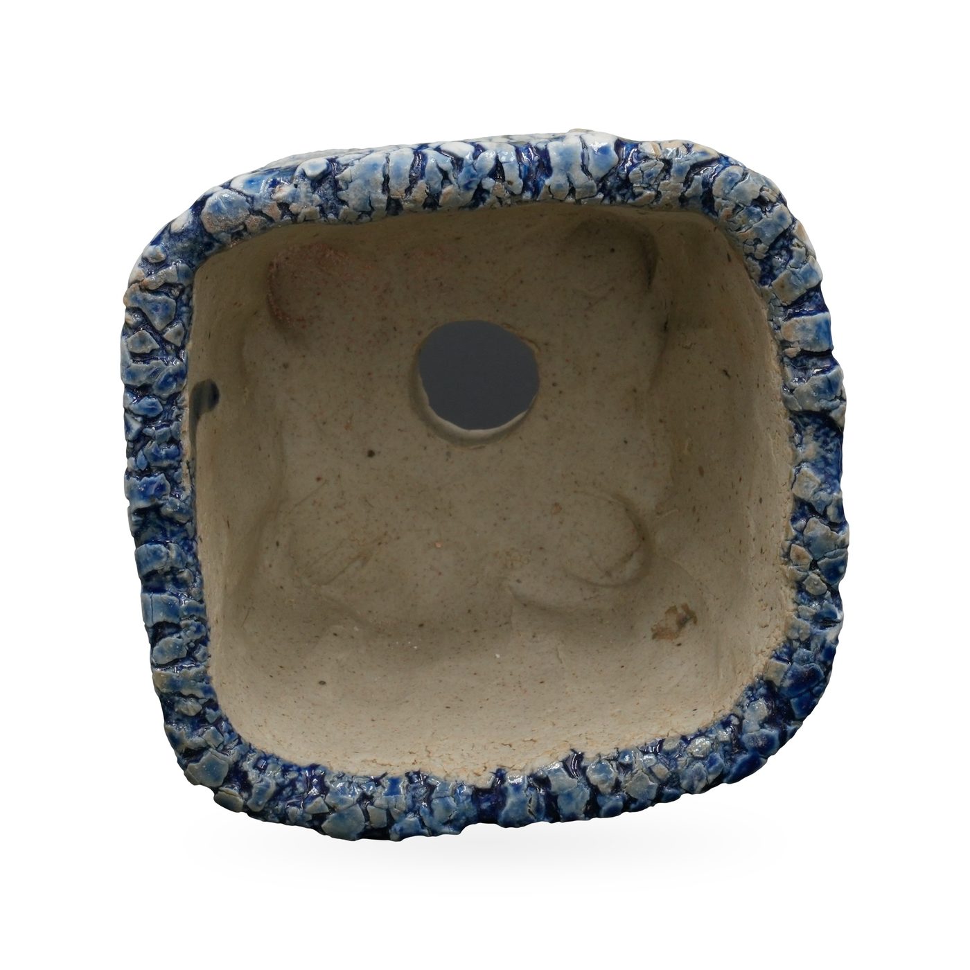 Square blue and white crackle-glaze bark-texture pot with rugged rim and cut-out corner feet – view 3