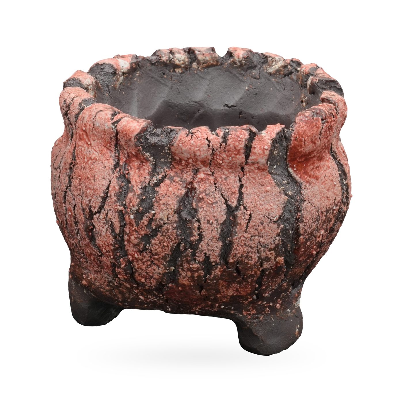 Round coral-pink and charcoal striped textured pot with scalloped rim and small dark feet – view 2