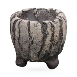 Round stone-grey and charcoal striped textured pot with craggy rim and small dark clay feet