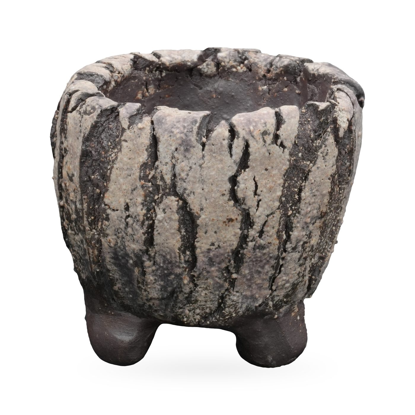 Round stone-grey and charcoal striped textured pot with craggy rim and small dark clay feet – view 2