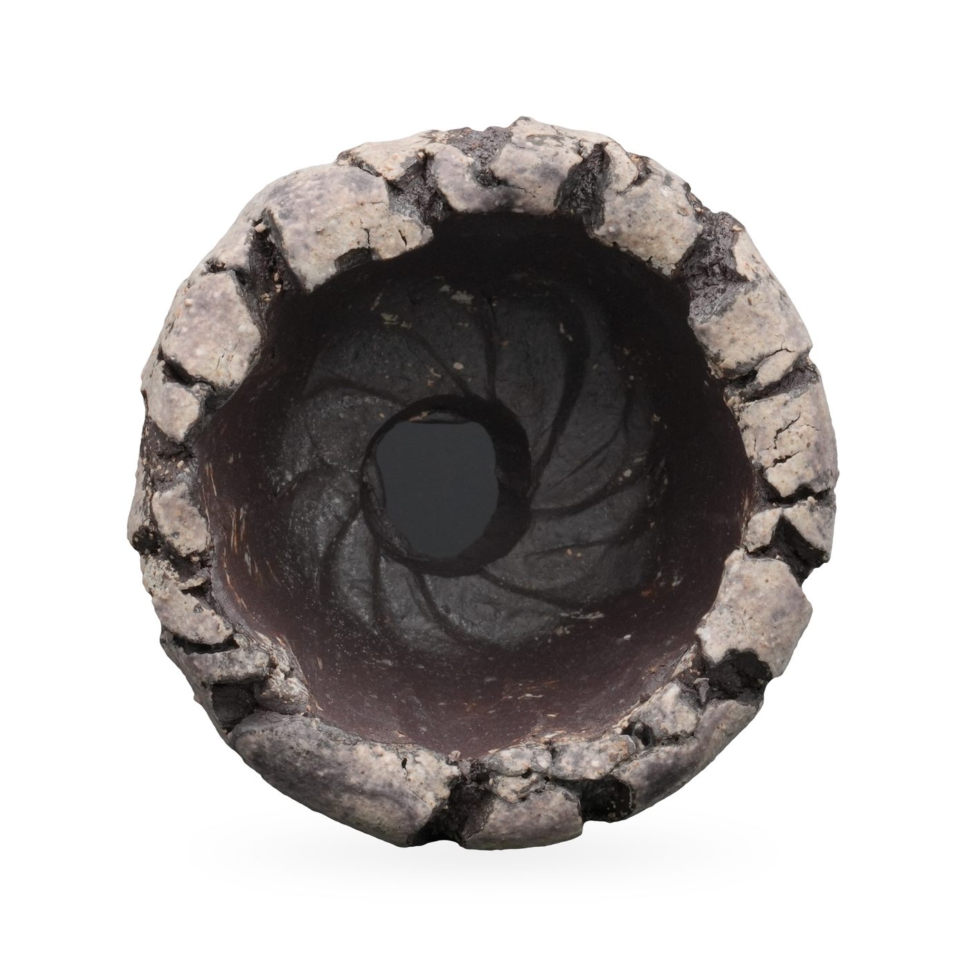 Round stone-grey and charcoal striped textured pot with craggy rim and small dark clay feet – view 3