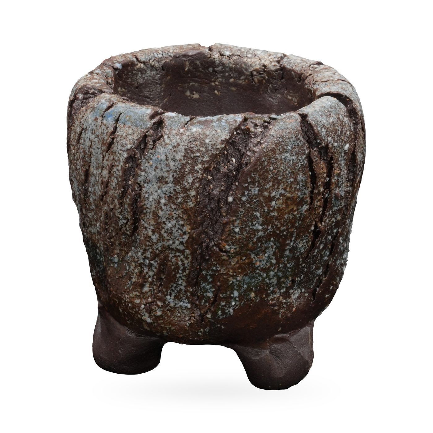 Small footed pot with diagonal bark-like ridges and speckled grey-blue glaze over dark brown clay