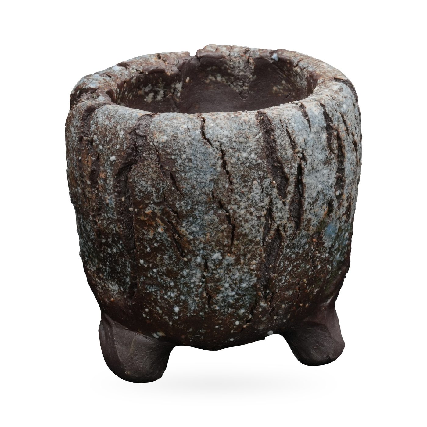 Small footed pot with diagonal bark-like ridges and speckled grey-blue glaze over dark brown clay – view 2