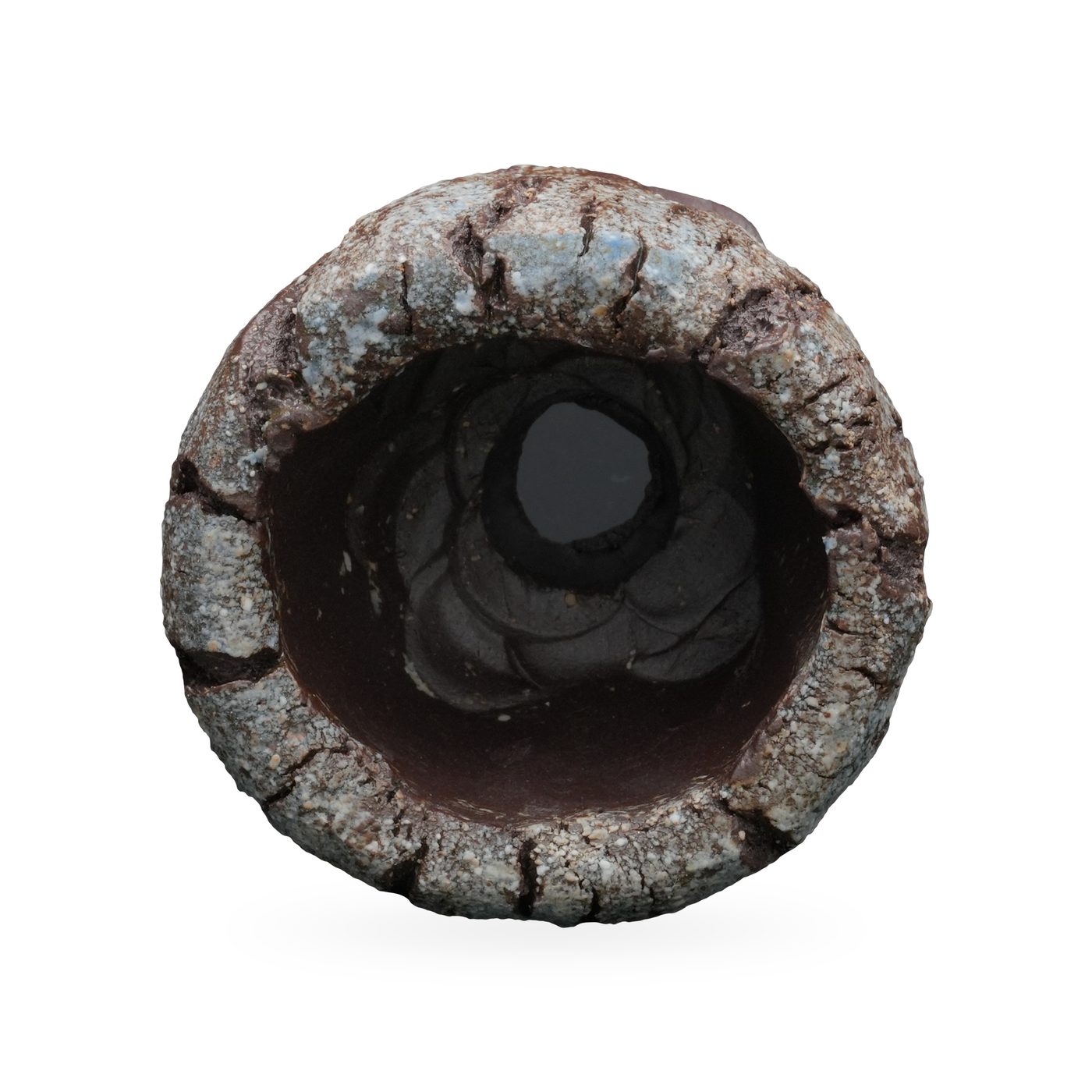 Small footed pot with diagonal bark-like ridges and speckled grey-blue glaze over dark brown clay – view 3