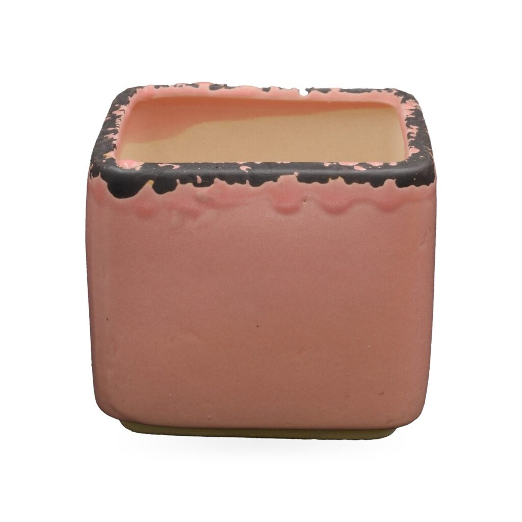Pink glazed square succulent pot with rounded corners and a distressed dark brown rim