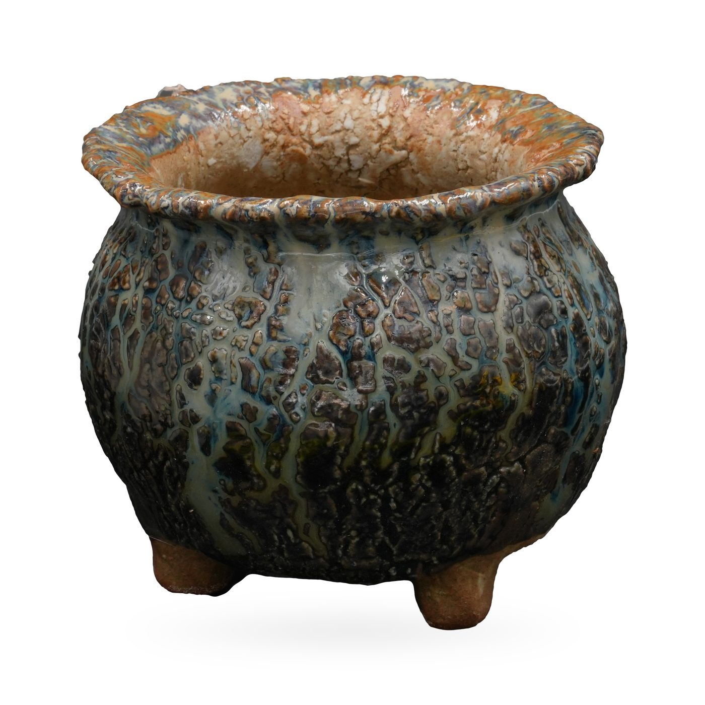 Round footed pot in dark teal and charcoal crackle glaze with a textured rust and blue rolled rim – view 2