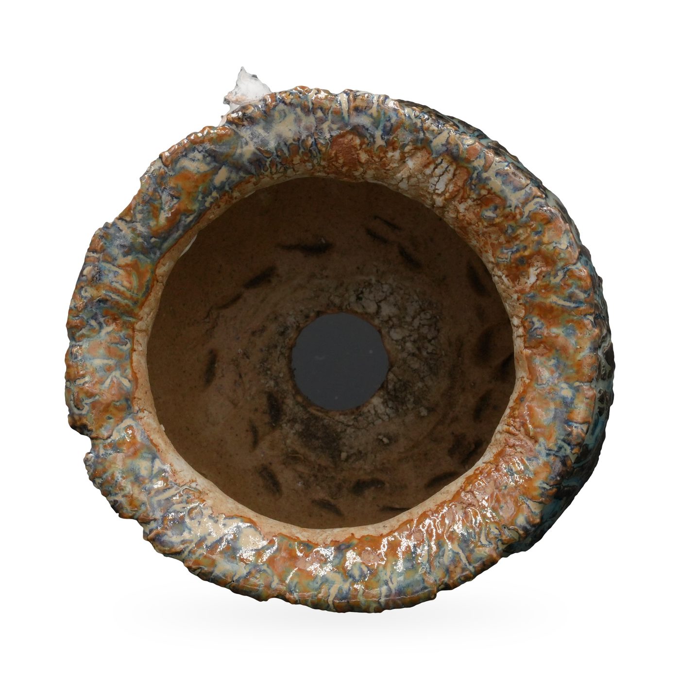 Round footed pot in dark teal and charcoal crackle glaze with a textured rust and blue rolled rim – view 3