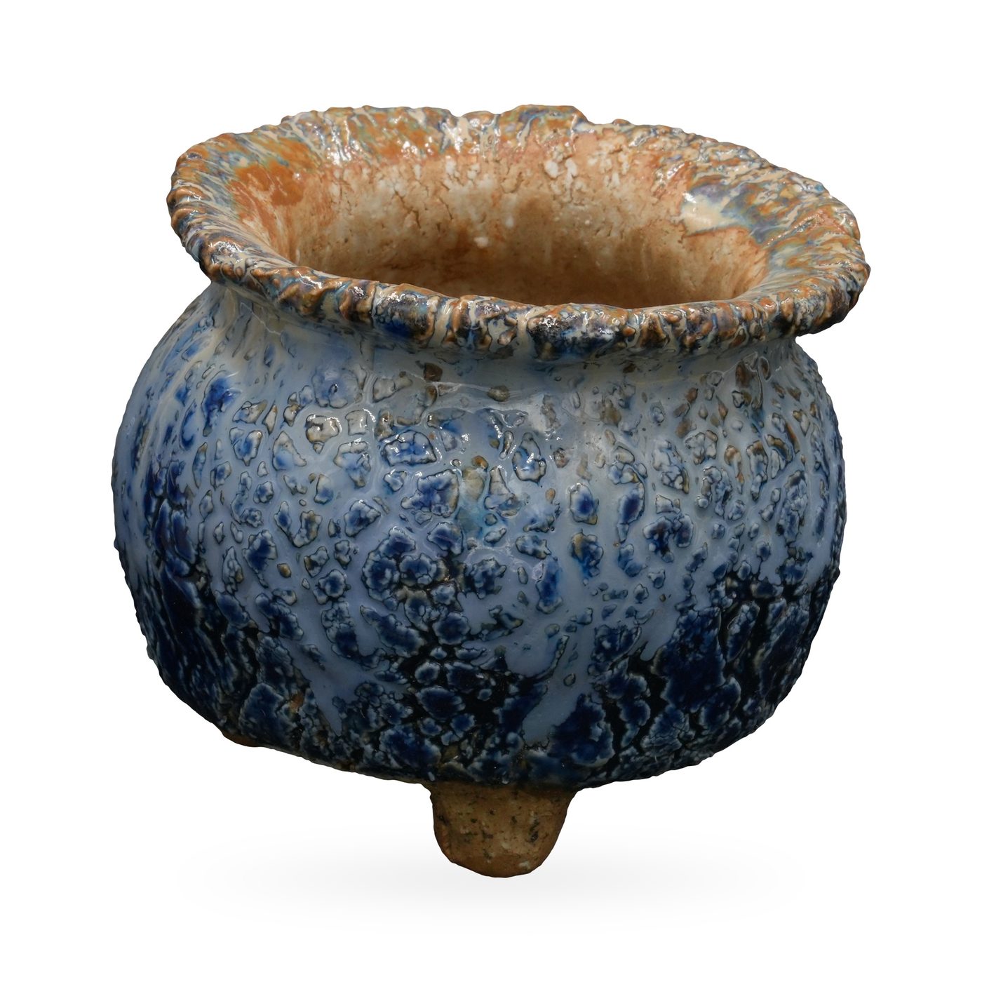 Round footed pot in mottled cobalt and pale blue crackle glaze with a textured tan rolled rim – view 2