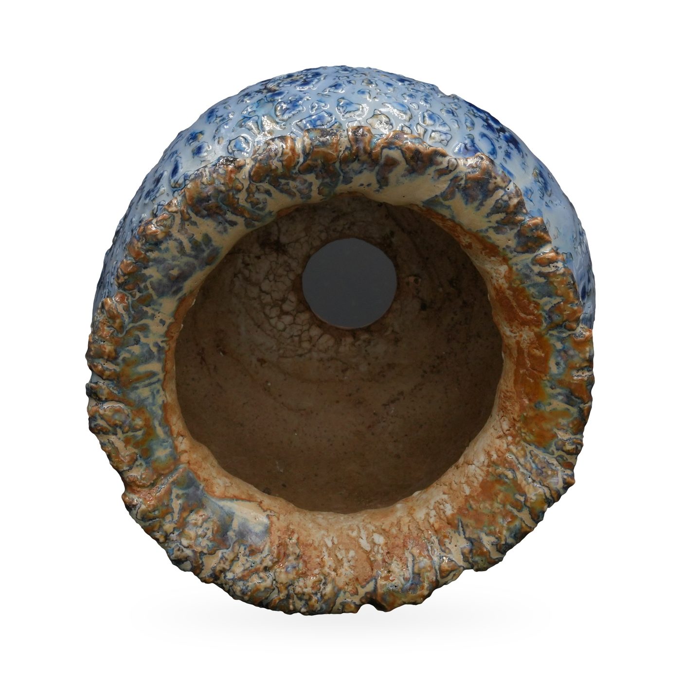 Round footed pot in mottled cobalt and pale blue crackle glaze with a textured tan rolled rim – view 3