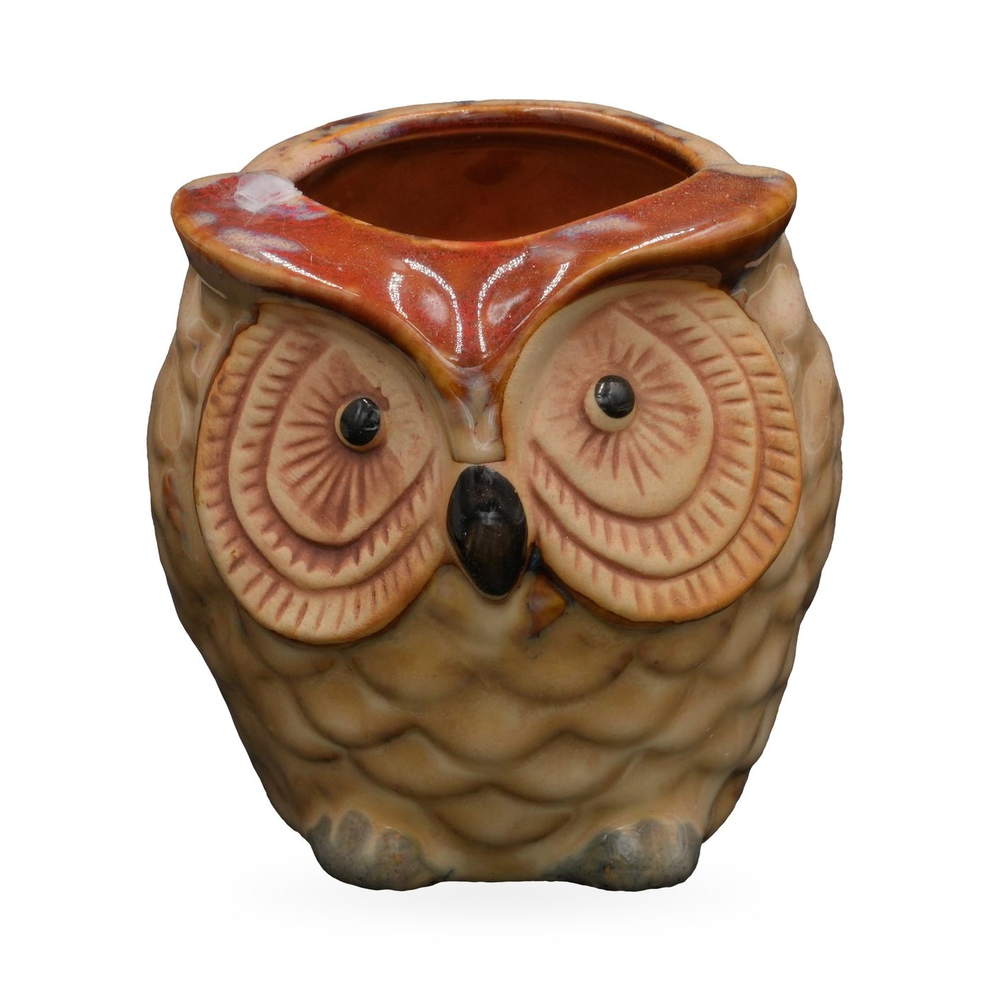 Tan glazed ceramic owl succulent pot with rust-red brow, terracotta eye discs and feather texture