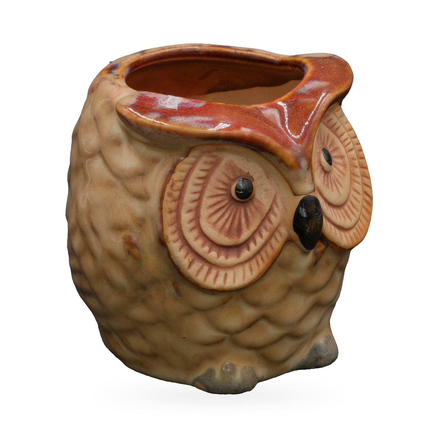 Tan glazed ceramic owl succulent pot with rust-red brow, terracotta eye discs and feather texture – view 2