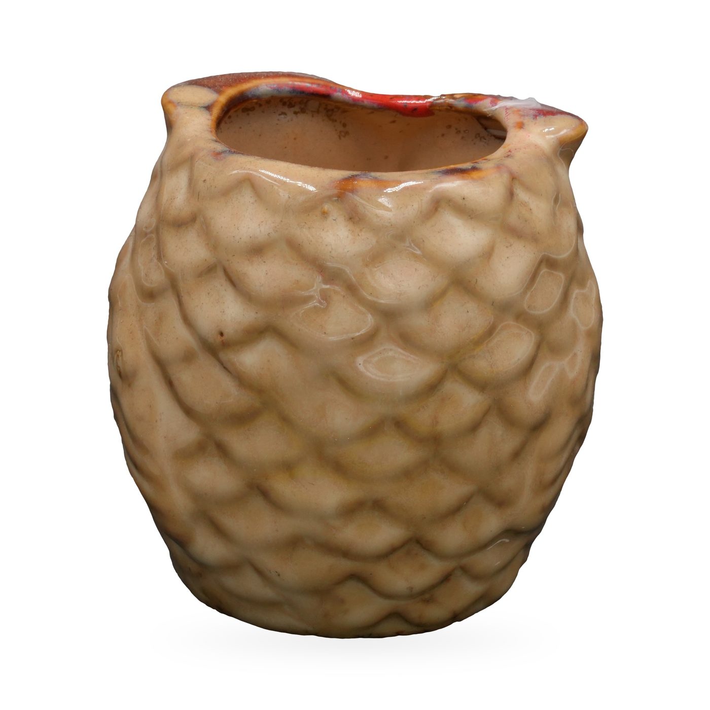 Tan glazed ceramic owl succulent pot with rust-red brow, terracotta eye discs and feather texture – view 4