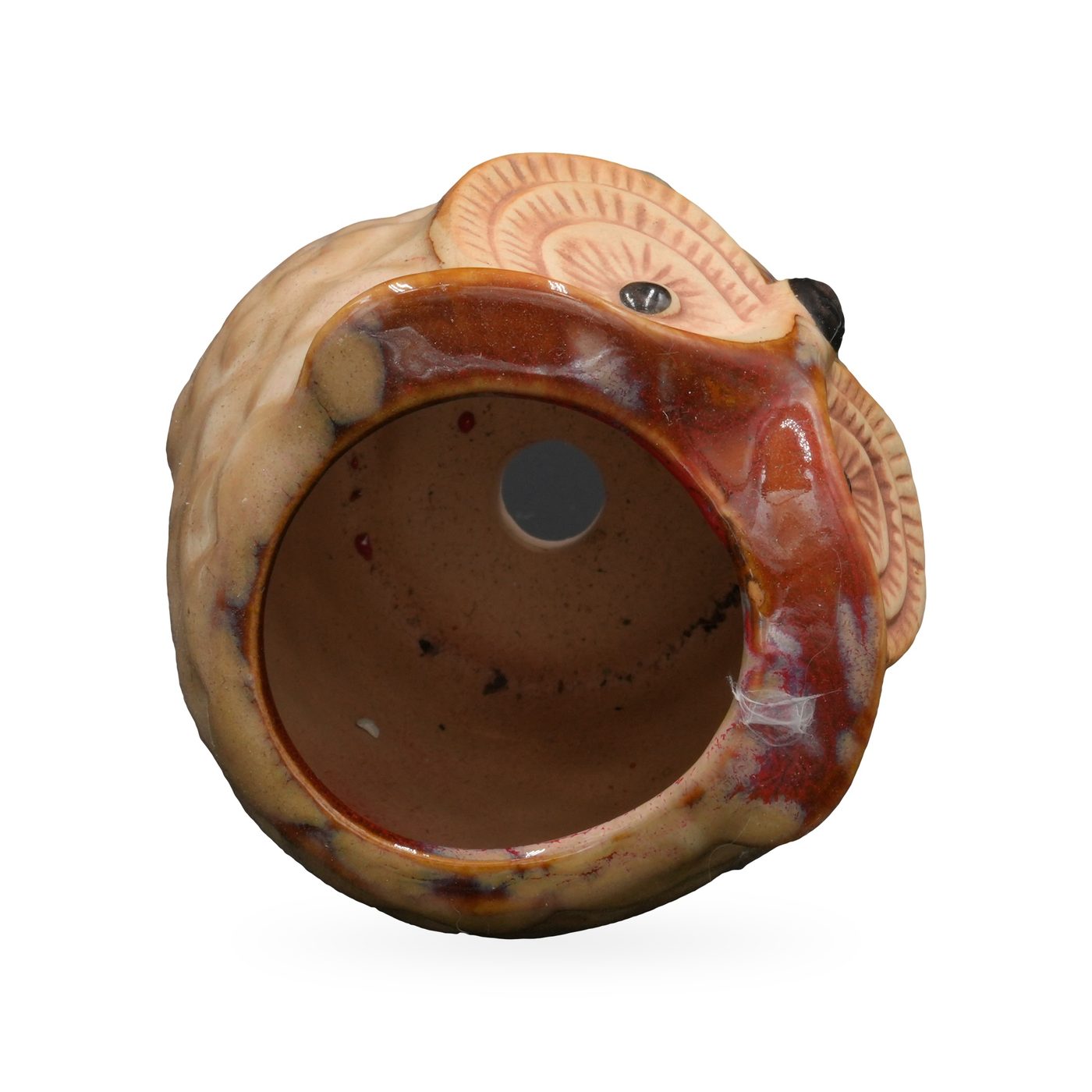 Tan glazed ceramic owl succulent pot with rust-red brow, terracotta eye discs and feather texture – view 3