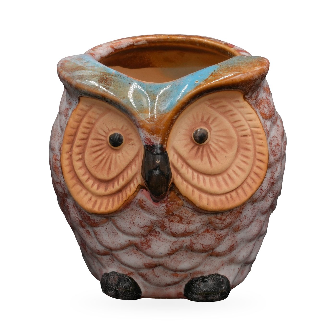 Pink-white mottled ceramic owl succulent pot with turquoise brow and terracotta eye discs