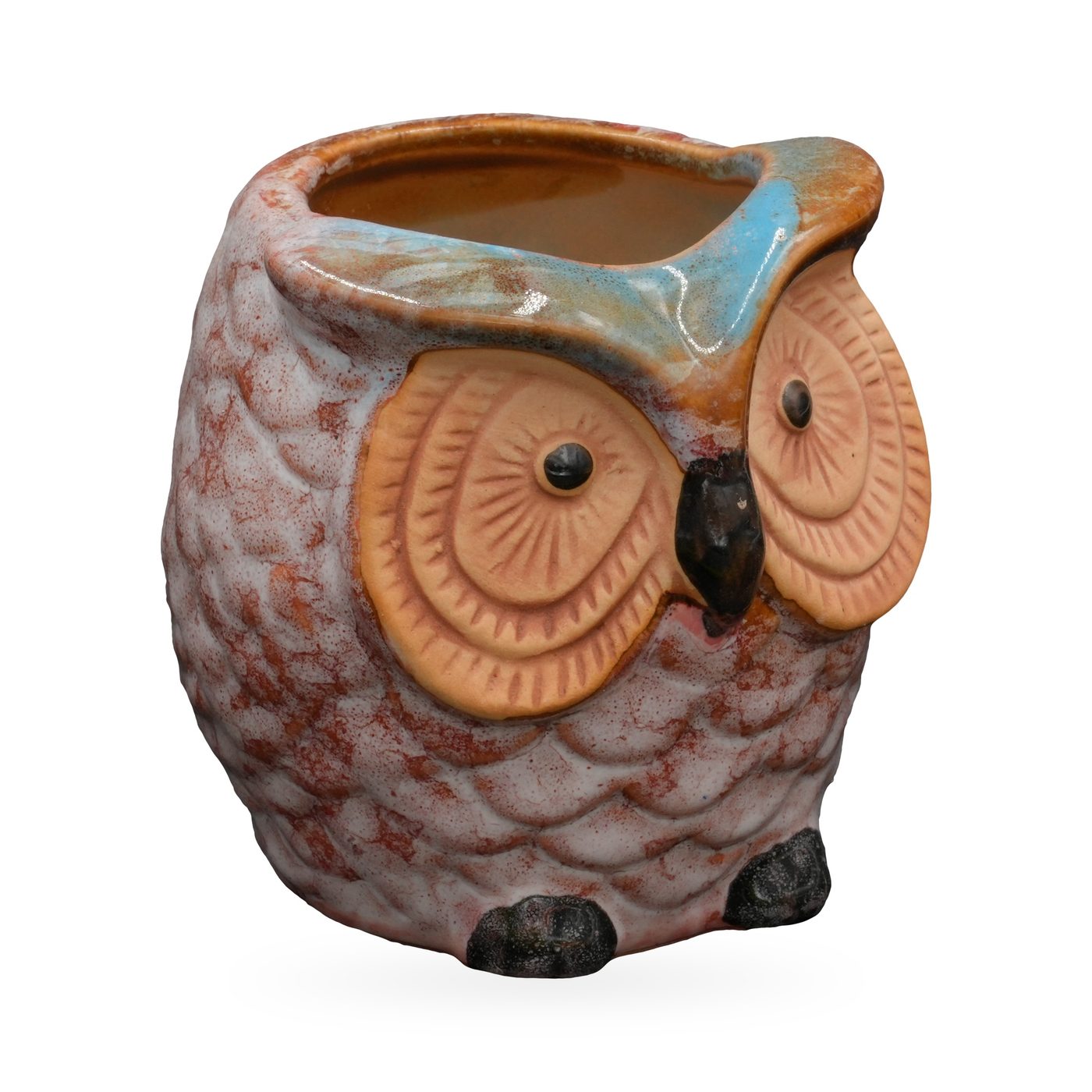 Pink-white mottled ceramic owl succulent pot with turquoise brow and terracotta eye discs – view 2