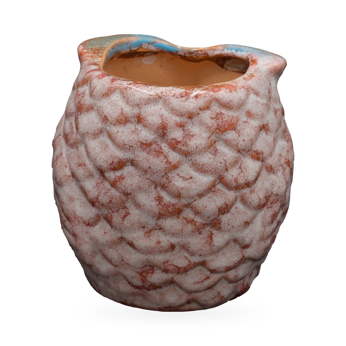 Pink-white mottled ceramic owl succulent pot with turquoise brow and terracotta eye discs – view 4