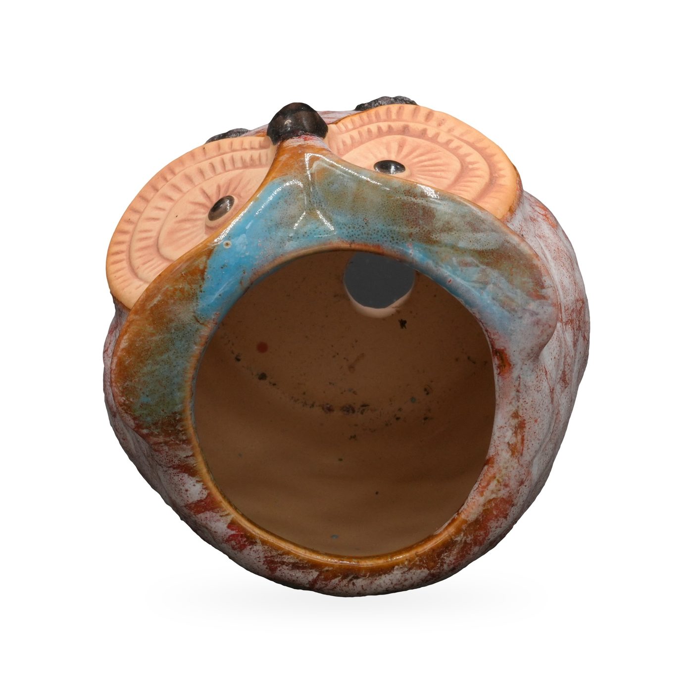 Pink-white mottled ceramic owl succulent pot with turquoise brow and terracotta eye discs – view 3