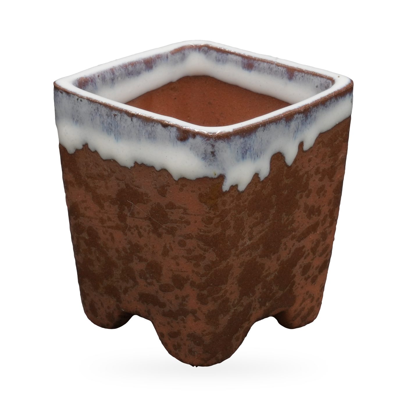 Speckled rust-brown square footed pot with glossy white drip glaze around the rim – view 2