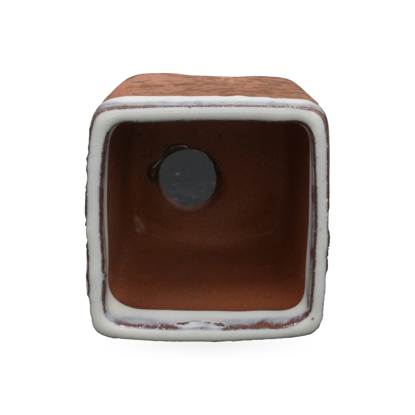 Speckled rust-brown square footed pot with glossy white drip glaze around the rim – view 3