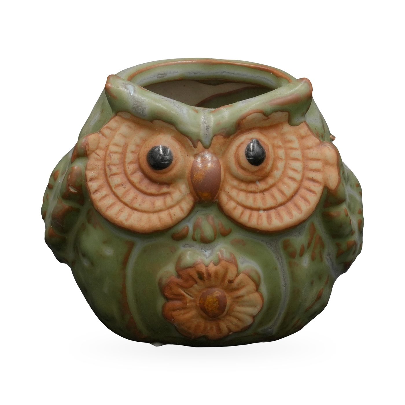 Mini sage-green ceramic owl planter with terracotta eye discs and a raised flower on the belly